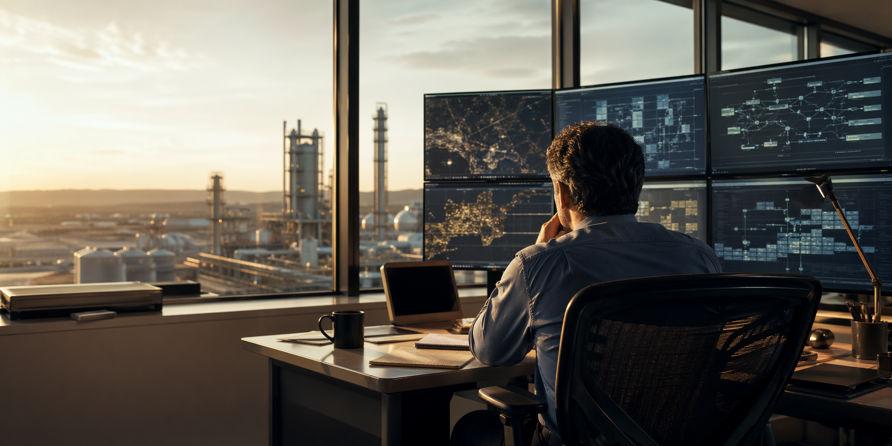 AI leader reviewing operational systems in a field operations office