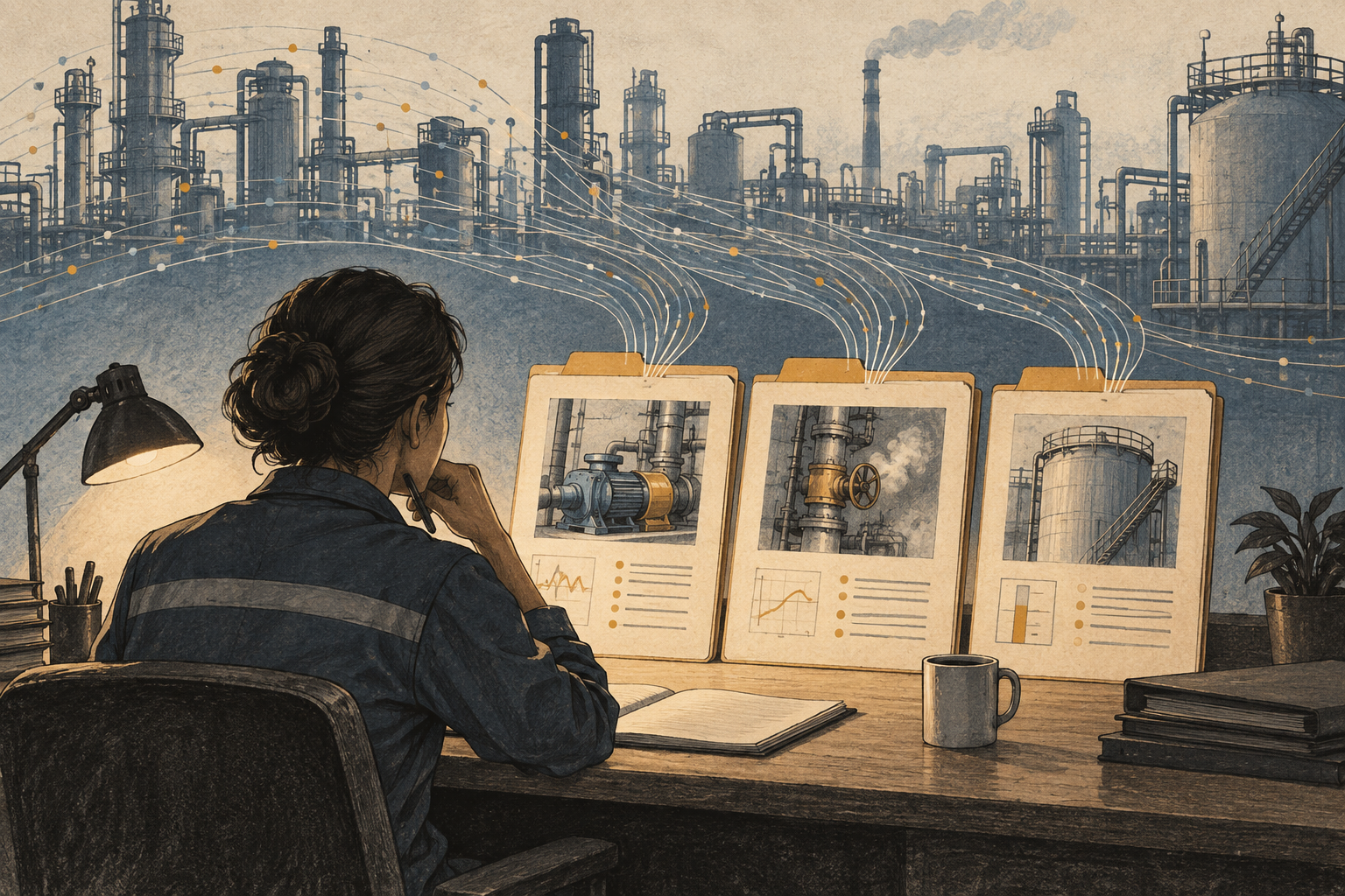An industrial operator studies three organized cases as streams of plant data gather into them.