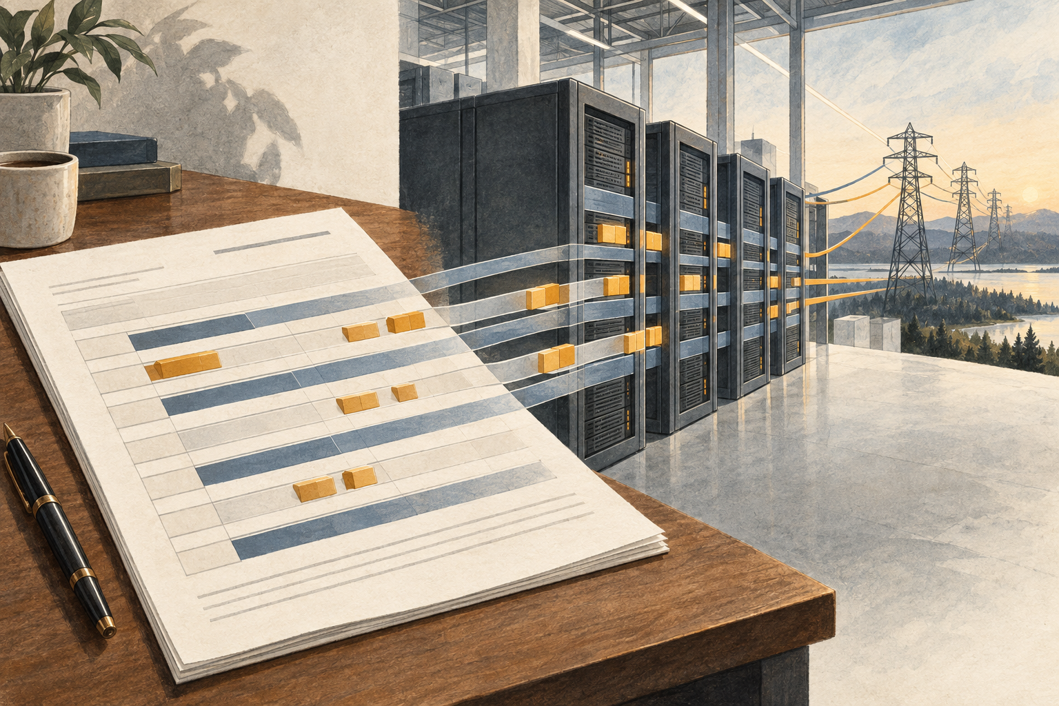 An illustrated customer agreement with movable workload blocks connects to data center racks and electricity transmission lines.