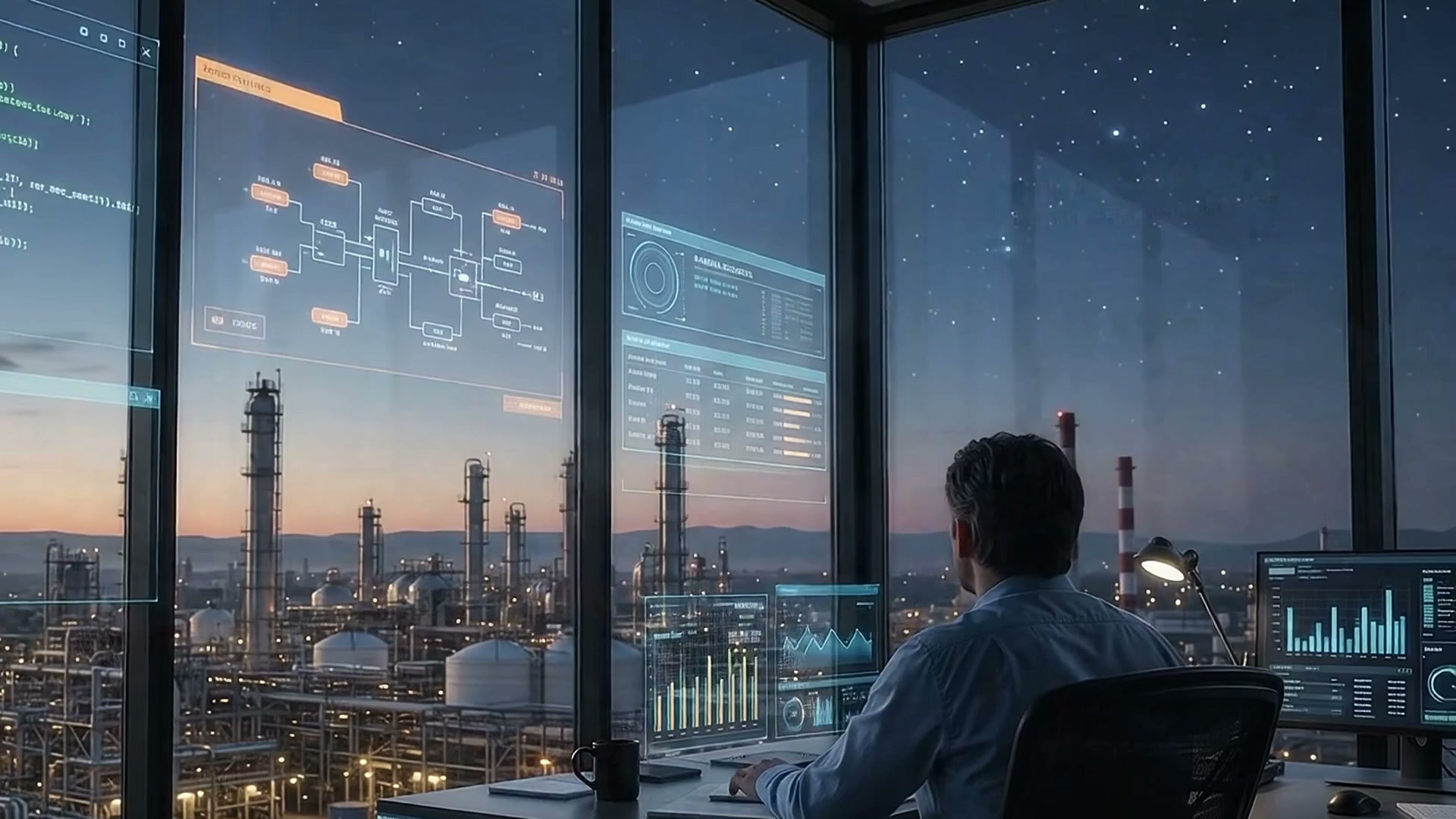 An operator monitoring industrial process diagrams and plant performance
