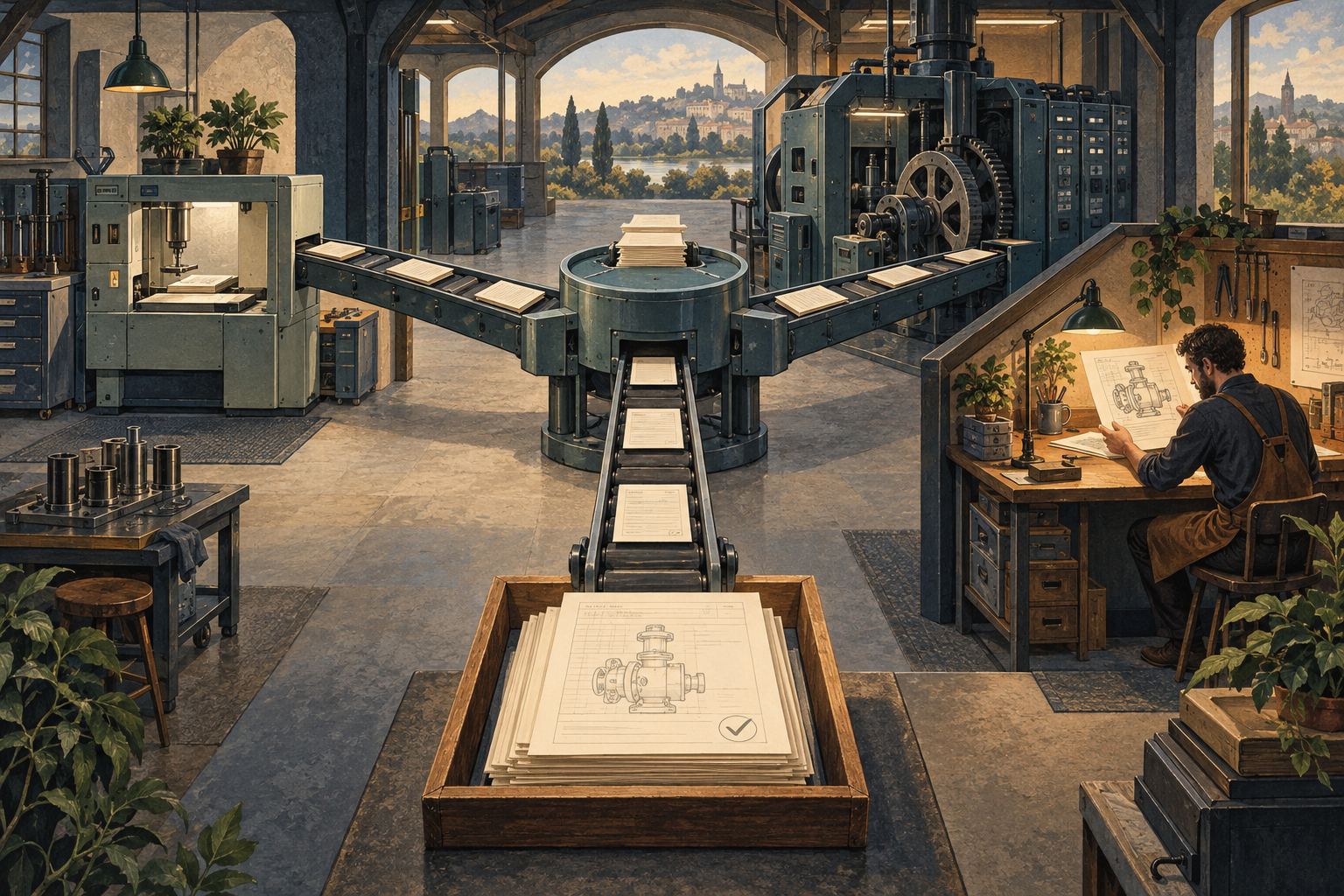Editorial illustration of work orders moving through a workshop with a compact processing station, a larger machine and a human specialist reviewing a pump drawing.